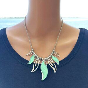 Leaf Necklace Silver Tone Green Blue Reflective Colors Adjustable Length
